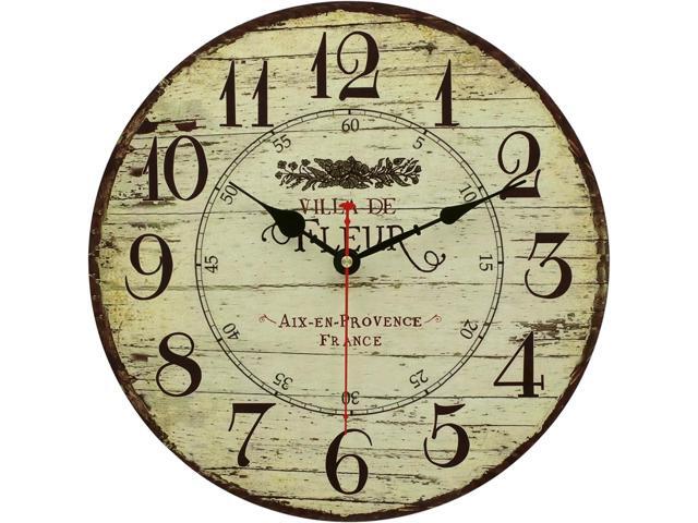 14 Inch Retro Vintage French Country Style Round Wooden Wall Clock Silent Battery Operated Non-Ticking Decorative Clock for Kitchen Farmhouse...