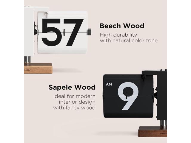 mooas Classic Modern Wood Big Flip Desk Clock (Black), Retro Vintage Analog Design Auto Flip Clock Table Clock Large Number Battery Powered, Ideal...