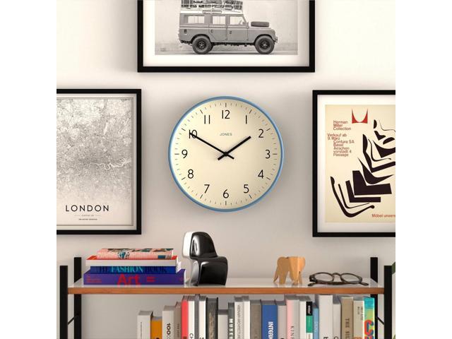 JONES CLOCKS Studio Wall Clock Modern Round Clock 12 inch Mid Blue Easy to Read Numbers Versatile Design for Kitchen, Living Room or Office