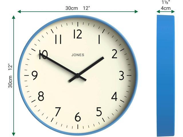 JONES CLOCKS Studio Wall Clock Modern Round Clock 12 inch Mid Blue Easy to Read Numbers Versatile Design for Kitchen, Living Room or Office