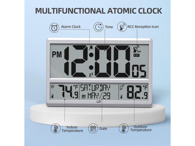 LFF Atomic Clock 4.5' Numbers, Atomic Wall Clock with Indoor & Outdoor TemperatureNever Needs Setting, Battery Operated, Date, Time, Wireless...