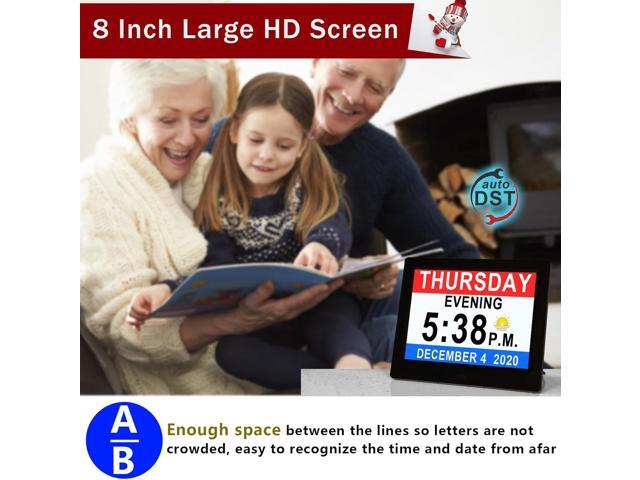 Véfaîî 19 Alarms Dementia Clock 8 Inch Large Display, Auto DST, 10 Levels Auto Dimmable, Non-Abbreviated Date and Day Calendar Clock for Seniors,...