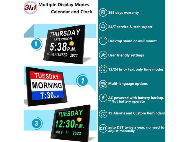 Véfaîî 19 Alarms Dementia Clock 8 Inch Large Display, Auto DST, 10 Levels Auto Dimmable, Non-Abbreviated Date and Day Calendar Clock for Seniors,...
