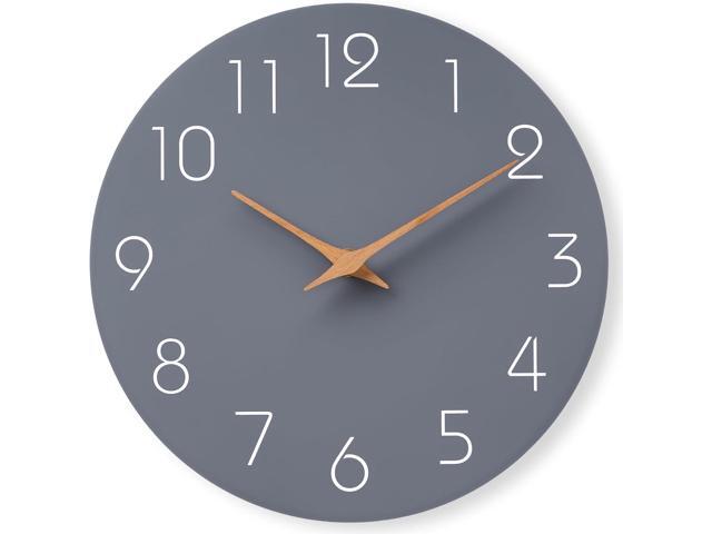 Mosewa Wall Clock Silent Non Ticking Decorative for Kitchen Bedroom Bathroom Office Living Room Battery Operated 10 Inch Gray Wood Modern Simple