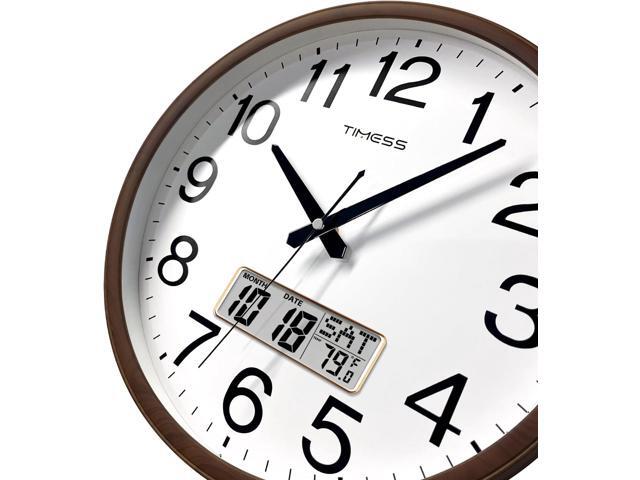 Wall Clock, Classic Wood Style Finish, 13 Inch Non-Ticking Silent Battery Operated Quartz Analog with Perpetual Calendar and F° Temperature...