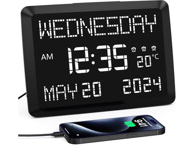 11.5 Digital Wall Clock with Date,Time,Week,Indoor Temperature,3 Alarms,5 Dimmer,2 USB Chargers,Battery Backup,Snooze,12/24H for...
