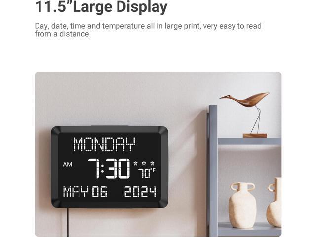 11.5 Digital Wall Clock with Date,Time,Week,Indoor Temperature,3 Alarms,5 Dimmer,2 USB Chargers,Battery Backup,Snooze,12/24H for...
