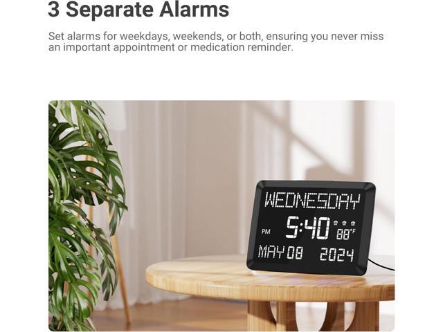 11.5 Digital Wall Clock with Date,Time,Week,Indoor Temperature,3 Alarms,5 Dimmer,2 USB Chargers,Battery Backup,Snooze,12/24H for...