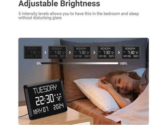 11.5 Digital Wall Clock with Date,Time,Week,Indoor Temperature,3 Alarms,5 Dimmer,2 USB Chargers,Battery Backup,Snooze,12/24H for...
