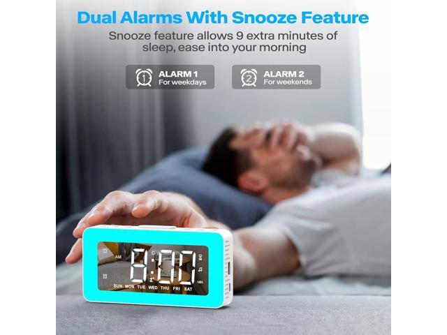 Alarm Clocks for Bedrooms, Mirror Clock with 8 RGB Atmosphere Light, Dual Alarms, 3 Alarm Modes, Snooze, Sleep Aid, Timer, USB Charger, Bedside...
