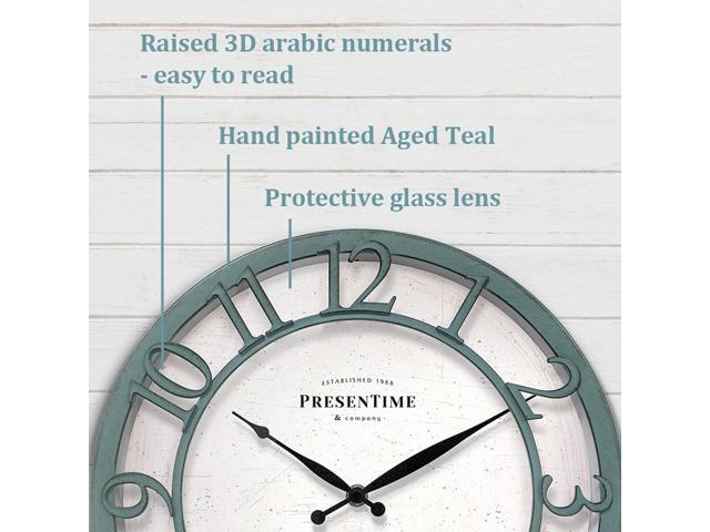 Presentime & Co 13' Farmhouse Series Wall Clock, Shiplap Style, Silent No Ticking, Coastal Clock, Raised 3D Arabic Numeral, Aged Teal Finish