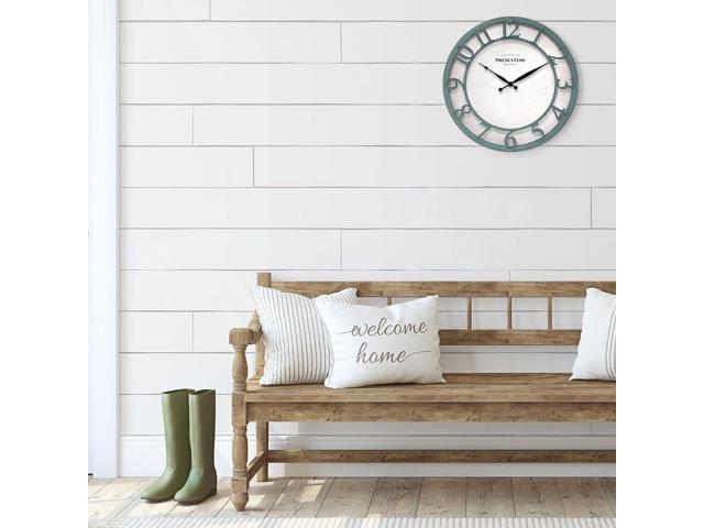 Presentime & Co 13' Farmhouse Series Wall Clock, Shiplap Style, Silent No Ticking, Coastal Clock, Raised 3D Arabic Numeral, Aged Teal Finish