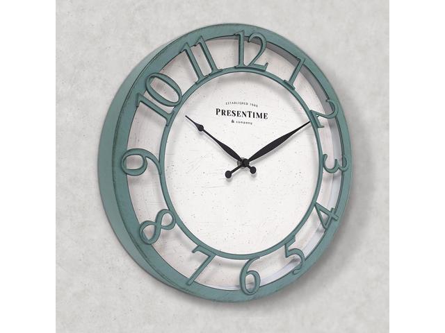 Presentime & Co 13' Farmhouse Series Wall Clock, Shiplap Style, Silent No Ticking, Coastal Clock, Raised 3D Arabic Numeral, Aged Teal Finish