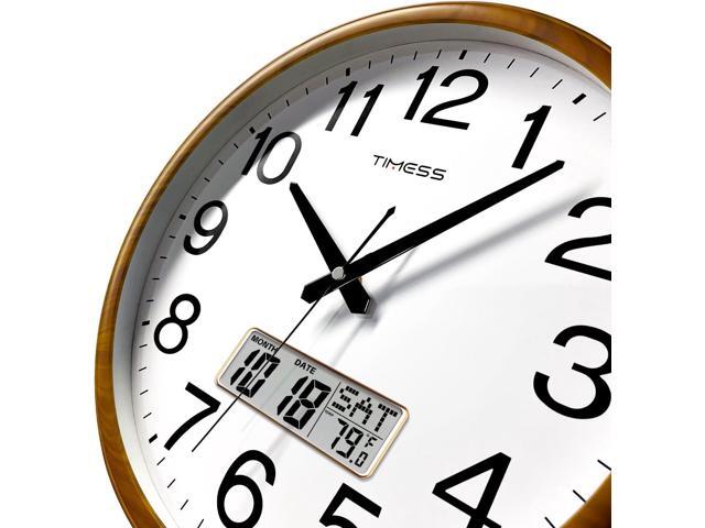 Wall Clock, Classic Wood Style Finish, 13 Inch Non-Ticking Silent Battery Operated Quartz Analog with Perpetual Calendar and F° Temperature...