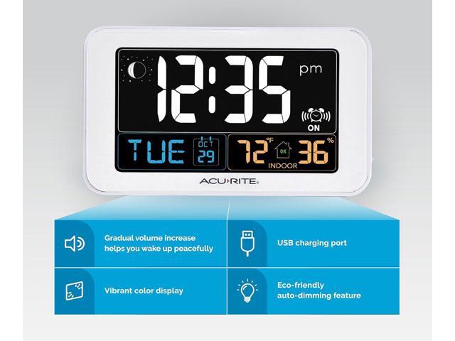 AcuRite Intelli-Time Digital Alarm Clock for Bedroom with USB Charger, Indoor Temperature and Humidity for Heavy Sleepers (13040CA)