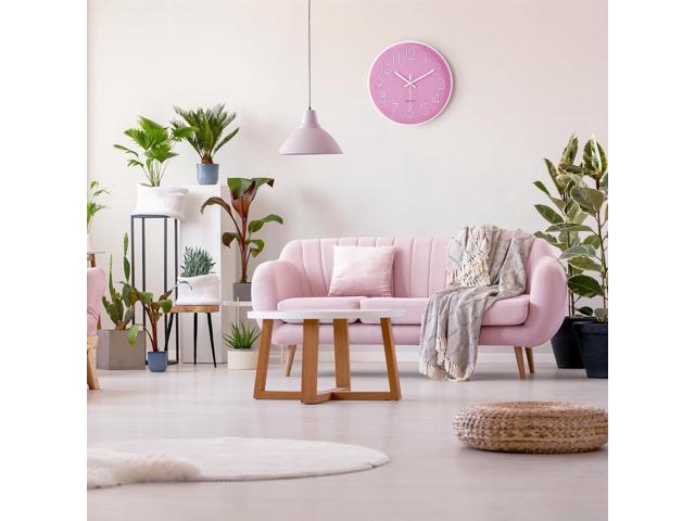 Lafocuse 12 Inch Pink Wall Clock Battery Operated for Kitchen Living Room, Silent Kids Analog Clock for Girls Bedroom, Pink Home Décor
