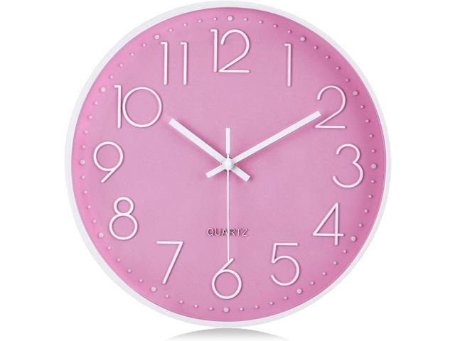 Lafocuse 12 Inch Pink Wall Clock Battery Operated for Kitchen Living Room, Silent Kids Analog Clock for Girls Bedroom, Pink Home Décor