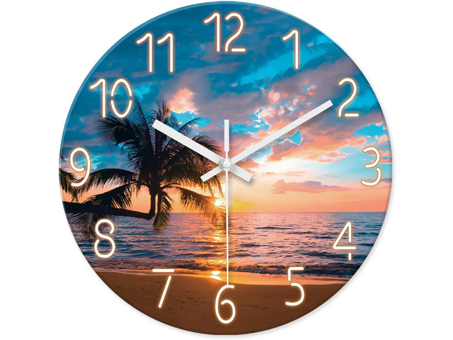 XFM Blue Nautical Beach Wall Clocks Battery Operated Palm Tree Wall Clocks for Living Room 12 Inch Round Glass Silent Wall Clock Non Ticking Sunset...