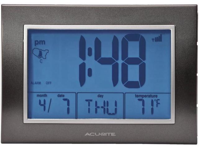 AcuRite Atomic Alarm Clock with Date, Day of Week and Temperature, Grey