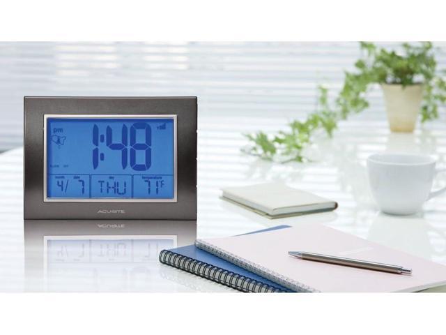 AcuRite Atomic Alarm Clock with Date, Day of Week and Temperature, Grey