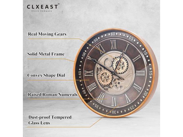 CLXEAST 24 Inch Wall Clock with Moving Gears,Oversized Large Industrial Steampunk Clock, Antique Gold Metal Roman Numeral Wall Clocks for Farmhouse...