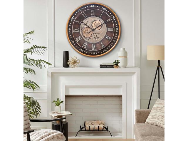 CLXEAST 24 Inch Wall Clock with Moving Gears,Oversized Large Industrial Steampunk Clock, Antique Gold Metal Roman Numeral Wall Clocks for Farmhouse...