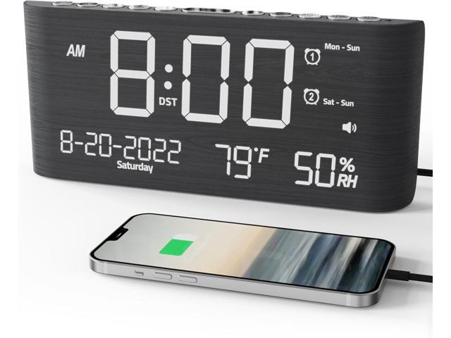 Raynic Alarm Clock, 8.7 Inch Digital Clock, Alarm Clock with USB and Type-C Charger,Dual Alarms,Temperature, Humidity,Date, 5 Adjustable Volume and...