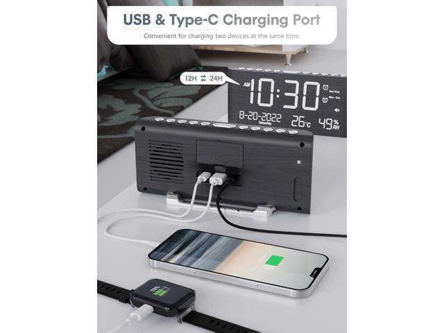 Raynic Alarm Clock, 8.7 Inch Digital Clock, Alarm Clock with USB and Type-C Charger,Dual Alarms,Temperature, Humidity,Date, 5 Adjustable Volume and...