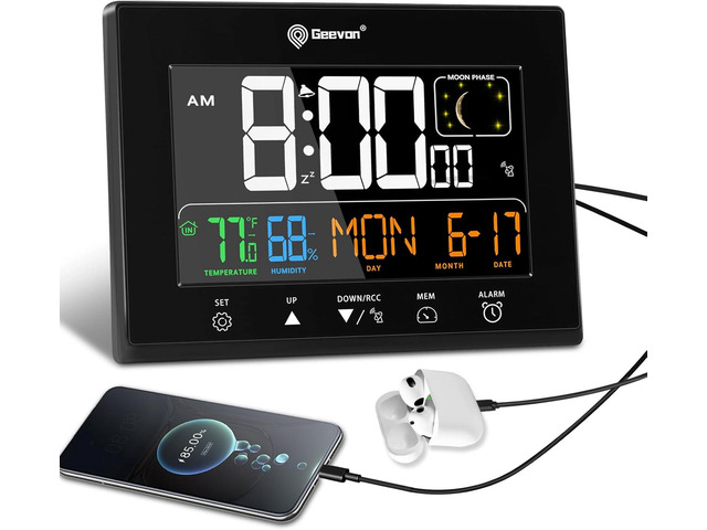 Geevon Digital Atomic Alarm Clocks for Bedrooms, Color VA Display Atomic Clock with Indoor Temperature and Humidity, DST, Dimmable Backlight, 2 USB...