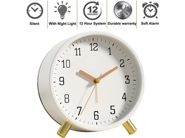 SHISEDECO Alarm Clock with Backlight, 4.5 inches Bedside Analog Non-Ticking Silent Small Deskclock with Arabic Numerals, Battery Operated Round...