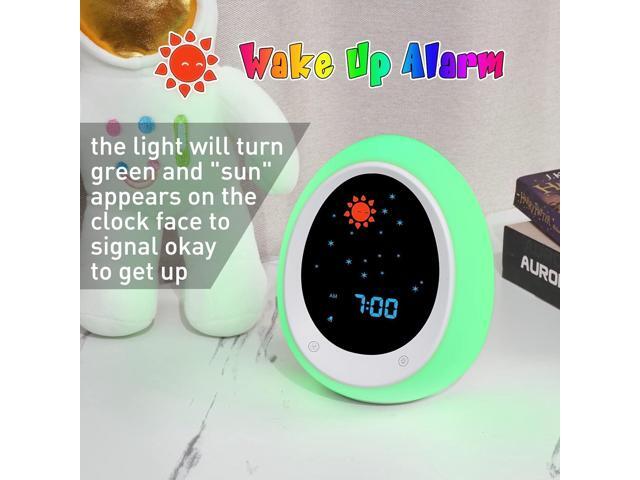 Kids Alarm Clock, Toddler Sleep Training Clock with Sun & Moon, Sound Machine, Night Light, Ok to Wake Alarm Clock for Children