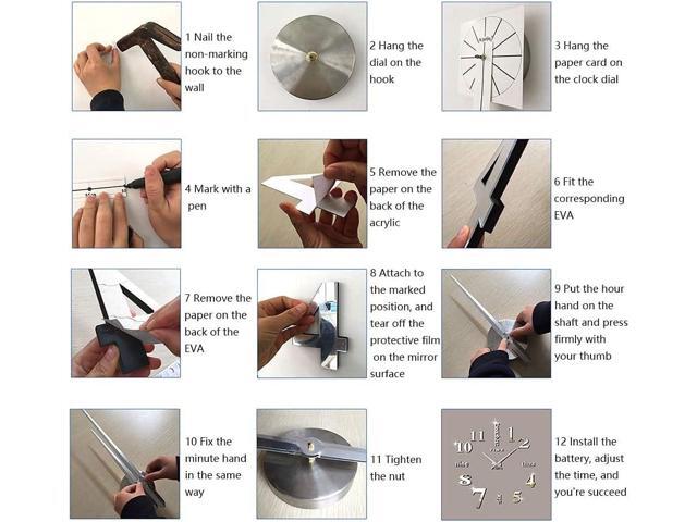 DIY Wall Clock Modern Large 3D Wall Clock Mirror Stickers Home Office Decor,Silver