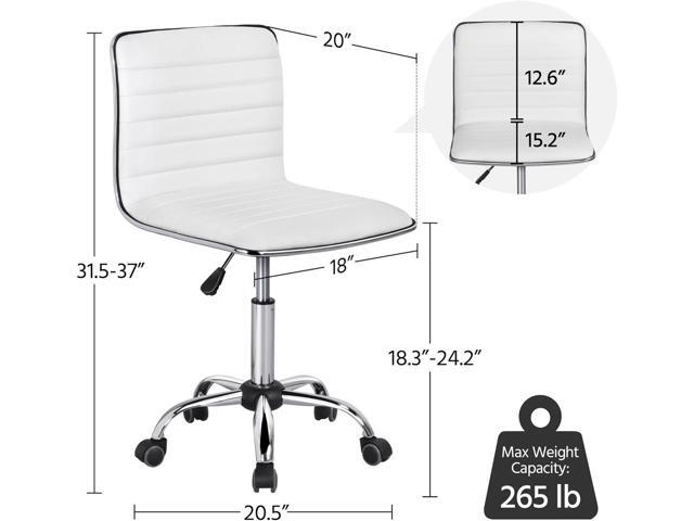 Yaheetech Adjustable Task Chair PU Leather Low Back Ribbed Armless Swivel White Desk Chair Office Chair Wheels