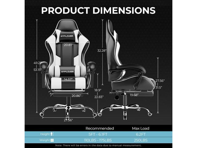 GTPLAYER Gaming Chair, Computer Chair with Footrest and Lumbar Support, Height Adjustable Game Chair with 360°-Swivel Seat and Headrest and for...