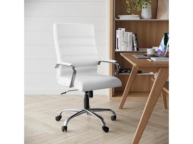 Flash Furniture Whitney High-Back Swivel LeatherSoft Desk Chair with Padded Seat and Armrests, Adjustable Height Padded Office Chair, White/Chrome