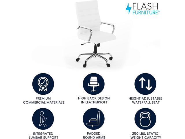 Flash Furniture Whitney High-Back Swivel LeatherSoft Desk Chair with Padded Seat and Armrests, Adjustable Height Padded Office Chair, White/Chrome