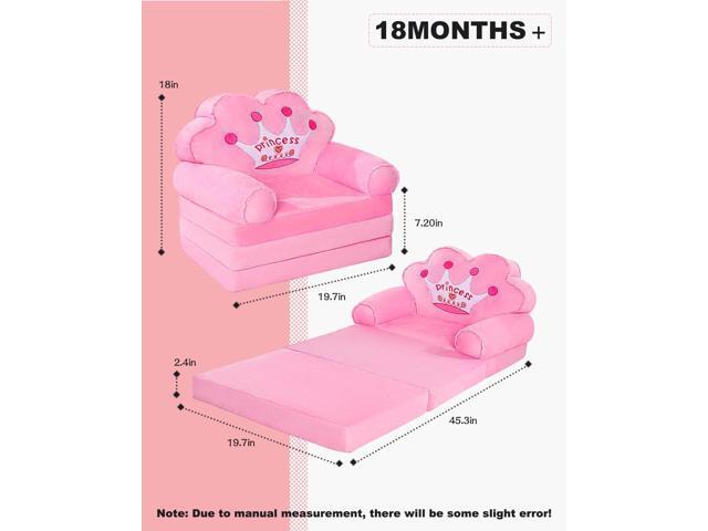 MOONBEEKI Kids Couch Fold Out, Foldable Princess Chair for Toddlers 1-3, Sofa Bed for Kids Folding Toddler Bed Lounger Chair for Bedroom Pink