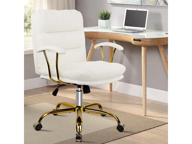 Leather Home Office Desk Chair, Mid-Back Vanity Chair Make Up Chair with Gold Wheels & Removable Armrests, Rolling Swivel Computer Task Chair for...