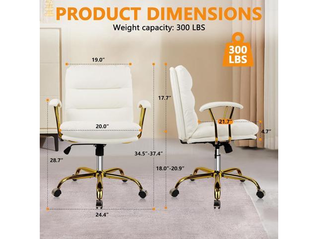 Leather Home Office Desk Chair, Mid-Back Vanity Chair Make Up Chair with Gold Wheels & Removable Armrests, Rolling Swivel Computer Task Chair for...