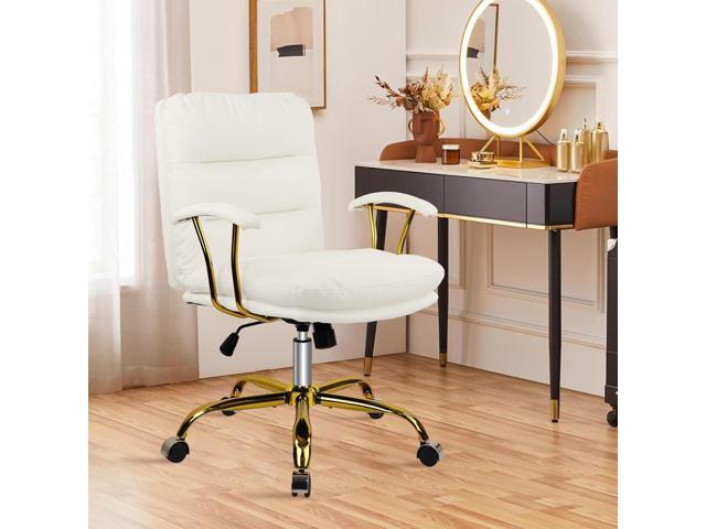 Leather Home Office Desk Chair, Mid-Back Vanity Chair Make Up Chair with Gold Wheels & Removable Armrests, Rolling Swivel Computer Task Chair for...