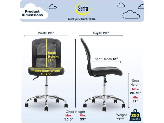Serta Essential Armless TaskChair, Small Desk Chairs with Wheels, Breathable Mesh Back and Faux Leather, Quality Foam Cushion Seat for Comfort,...