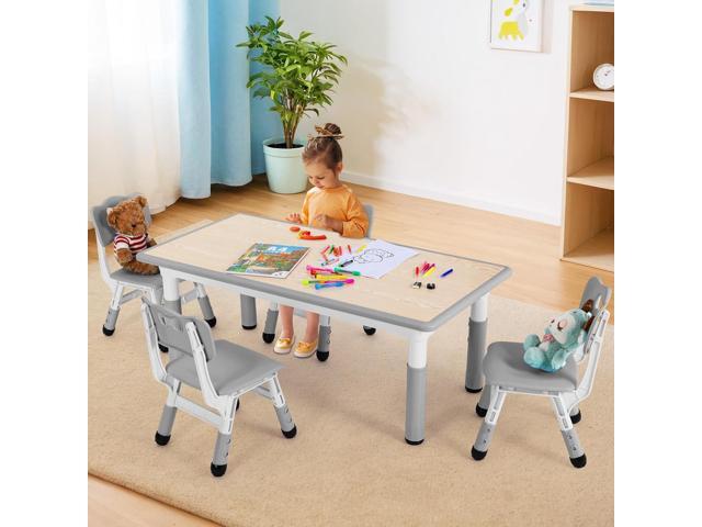 Arlopu Kids Table and 4 Chair Set, Height Adjustable Toddler Table and Chair Set, Non-Slip Legs, Graffiti Desktop, Large Children Activity Table,...