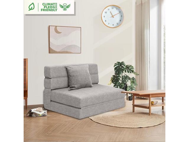 ANONER Folding Sleeper Chair Sofa Bed Lazy Couch with Pillow, Twin Size, Light Gray