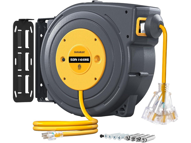 SURAIELEC 50 FT Extension Cord Reel, 14 Gauge Retractable Extension Cord, SJTOW 14 AWG/3C Heavy Duty Power Cord, 13 AMP Circuit Breaker, Lighted...