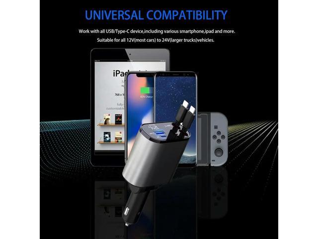 4-In-1 Fast Charger Car Charger With Dual Type-C Cables And 2 Charging Ports With Voltage Display-N33R