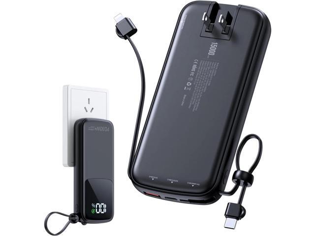 Portable-Charger-Power-Bank - 15000mAh Power Bank Supports PD 30W Fast Charging Built-in AC Wall Plug and 2 Output Cables with LED Display for...