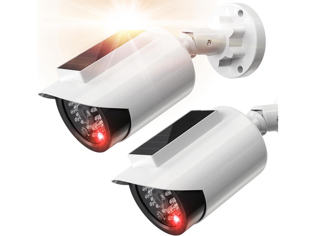 BNT Solar Powered Fake Security Camera, Bullet Shape Fake Surveillance Camera with Red LED Light for Night, Security Warning Sticker, for Outdoor...
