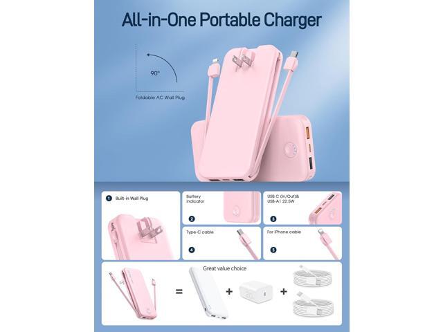 Portable Charger with Built in Cable and AC Wall Plug, USB C Power Bank 12000mAh 22.5W Super Fast Charging, Lightweight Portable Phone Charger...