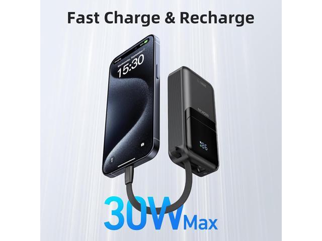 MOKiN Portable Charger, 10000mAh Power Bank, 30W Fast Charging Battery Pack, USB-C, USB A, Bulit in 2 Cables iOS & Type C, Digital Display, Compact...