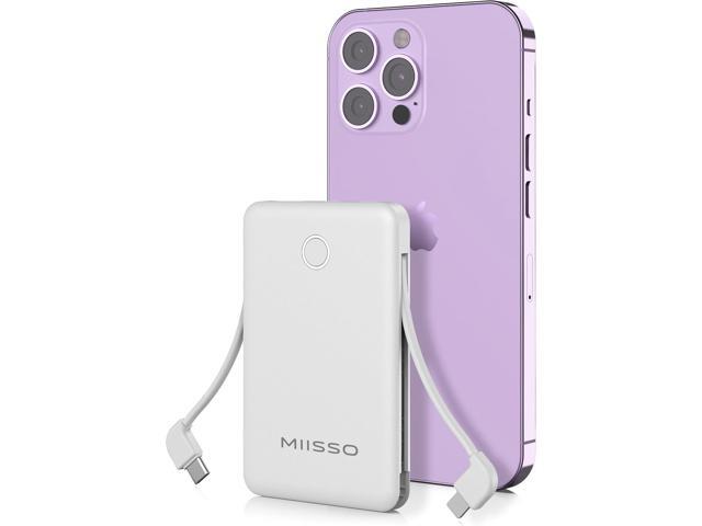 miisso 6000mah Ultra Slim Built in Cables Power Bank, Card Size Built in USB C Cords Battery Pack Portable Charger for Phones, 3 Output External...